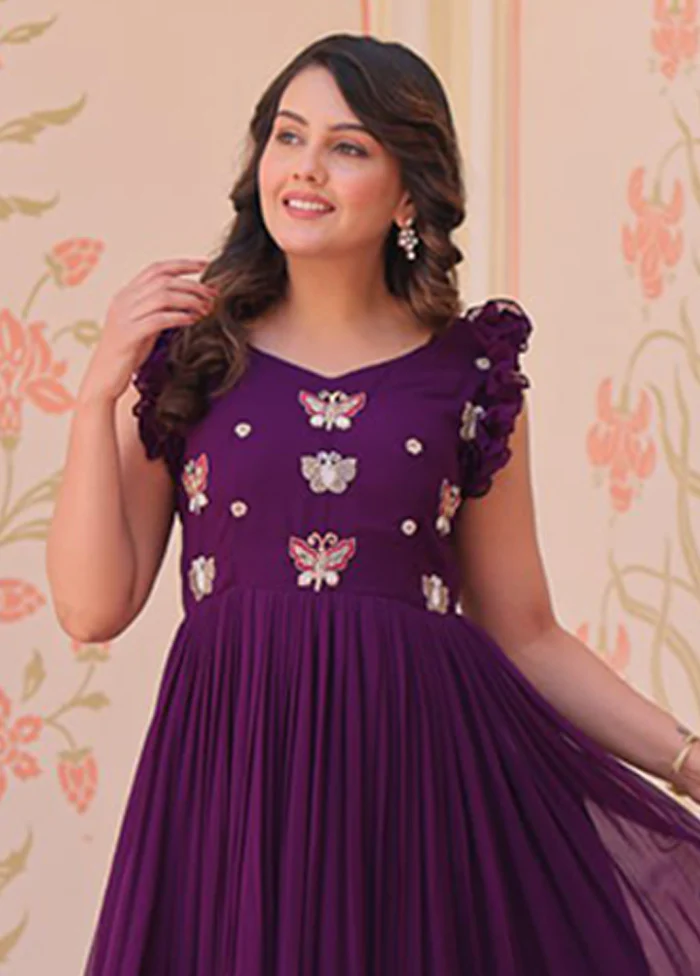 Purple Woven Work Silk Gown - Image 2