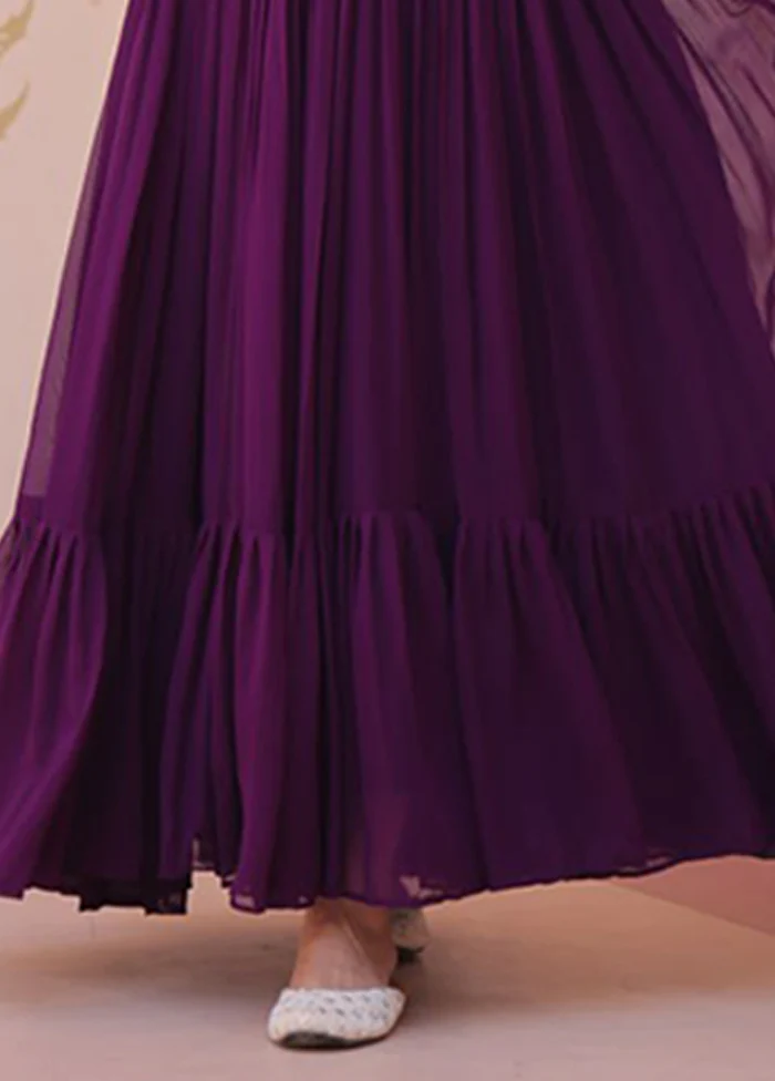 Purple Woven Work Silk Gown - Image 3