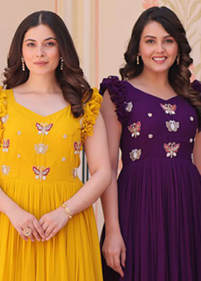 Maroon, Yellow & Purple Woven Work Silk Gown pack of 3 - Image 3