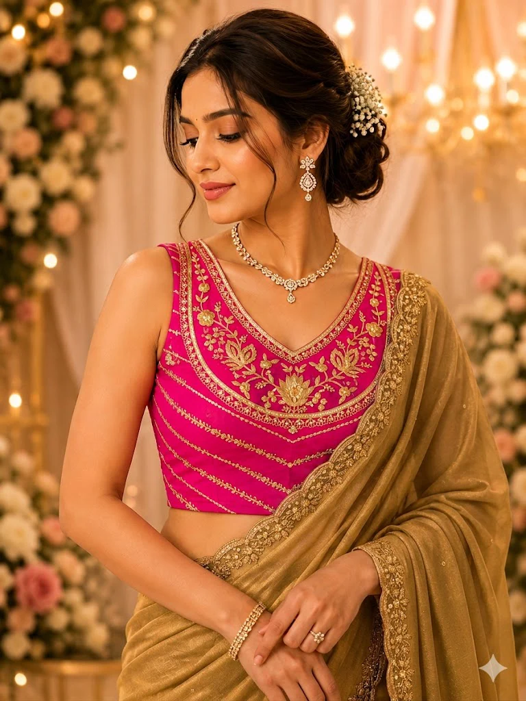 Rani Pink V Neck Designer Blouse