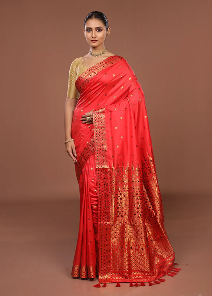 Red Assam Silk Saree With Blouse Piece - Image 2
