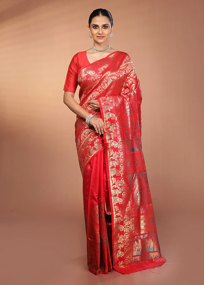 Red Baluchari Silk Saree With Blouse Piece - Image 2