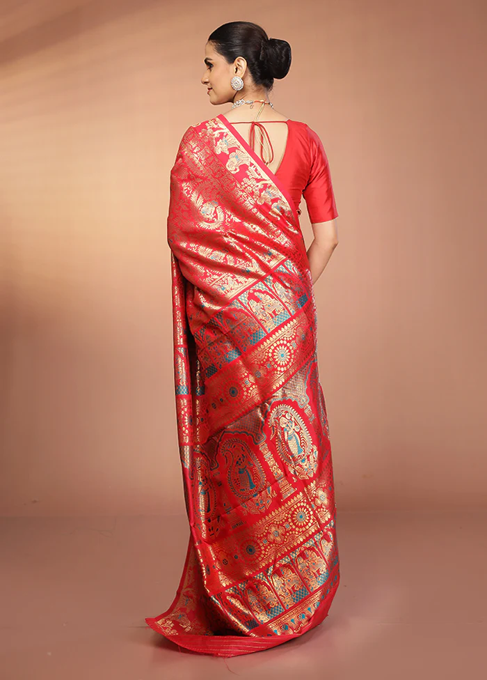 Red Baluchari Silk Saree With Blouse Piece - Image 3