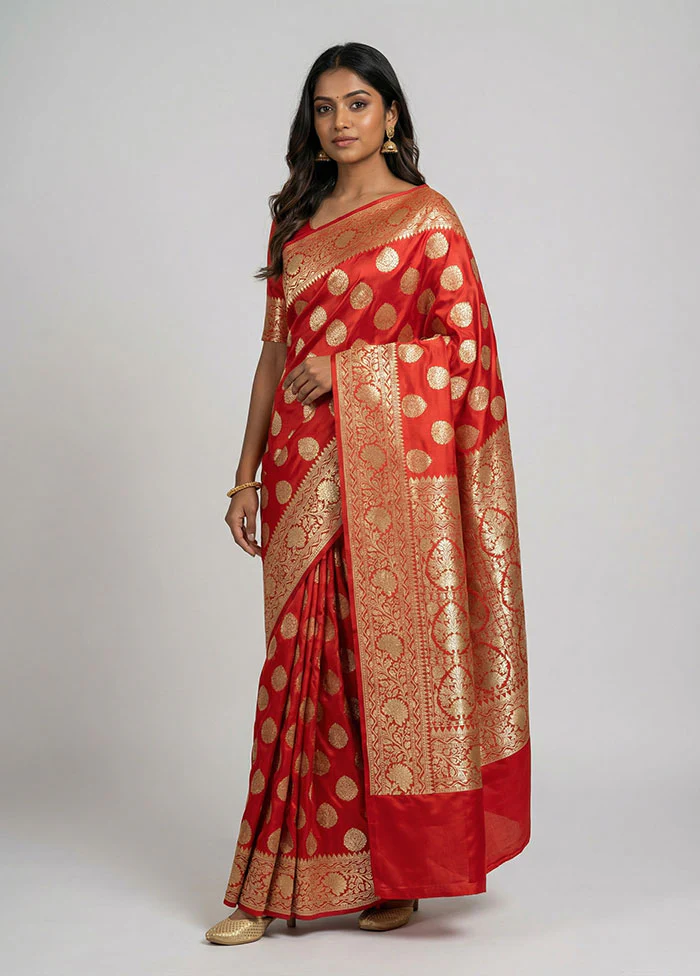 Red Banarasi Silk Saree With Blouse Piece