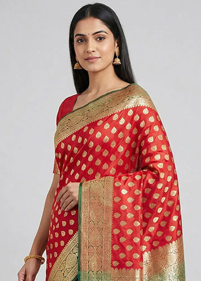 Red Banarasi Silk Saree With Blouse Piece - Image 2
