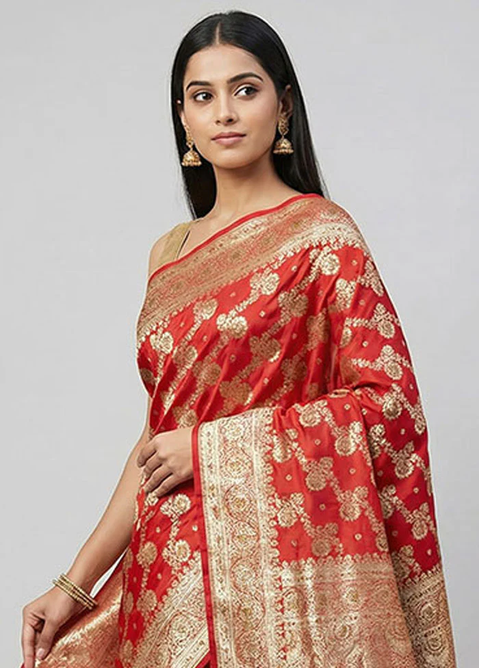 Red Banarasi Silk Saree With Blouse Piece - Image 2