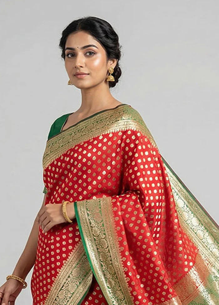 Red Banarasi Silk Saree With Blouse Piece - Image 2