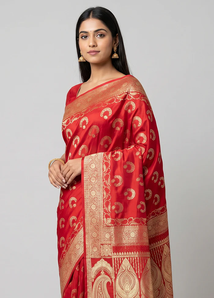 Red Banarasi Silk Saree With Blouse Piece - Image 2