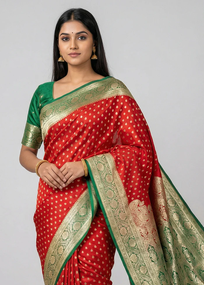 Red Banarasi Silk Saree With Blouse Piece - Image 2