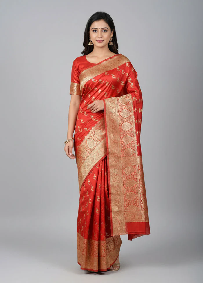 Red Banarasi Silk Saree With Blouse Piece