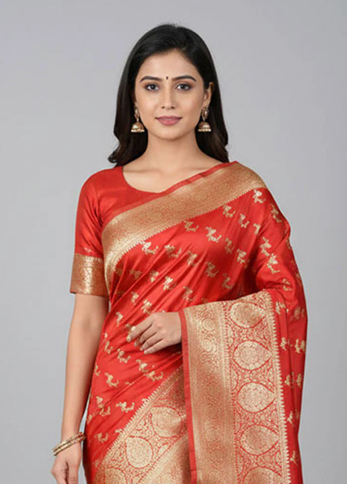 Red Banarasi Silk Saree With Blouse Piece - Image 2