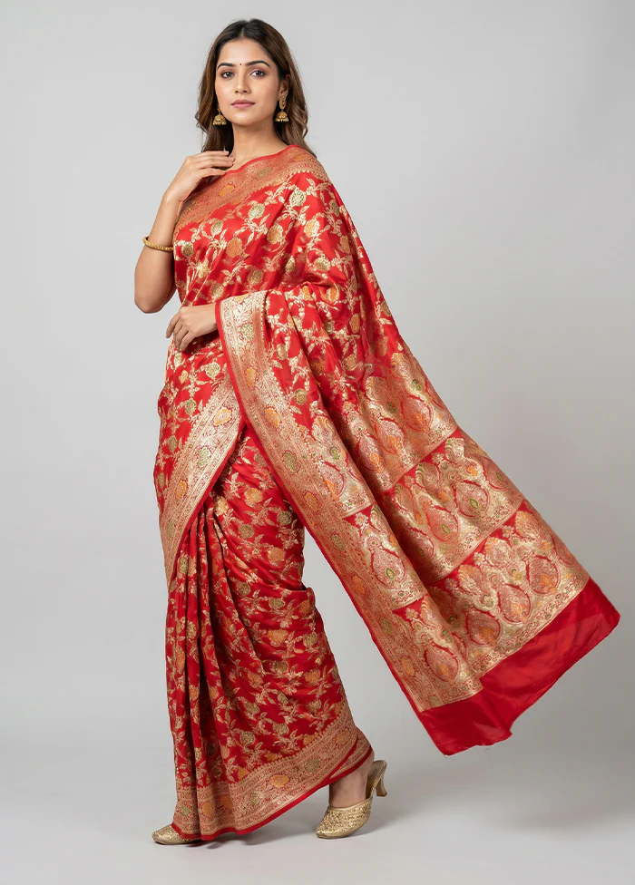 Red Banarasi Silk Saree With Blouse Piece