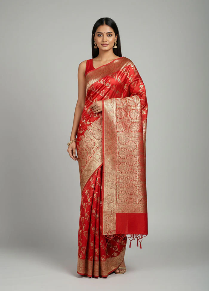 Red Banarasi Silk Saree With Blouse Piece
