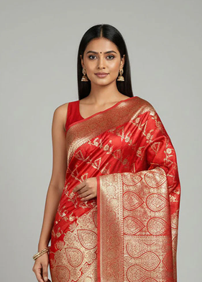Red Banarasi Silk Saree With Blouse Piece - Image 2