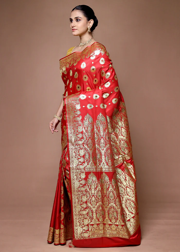 Red Banarasi Silk Saree With Blouse Piece - Image 4