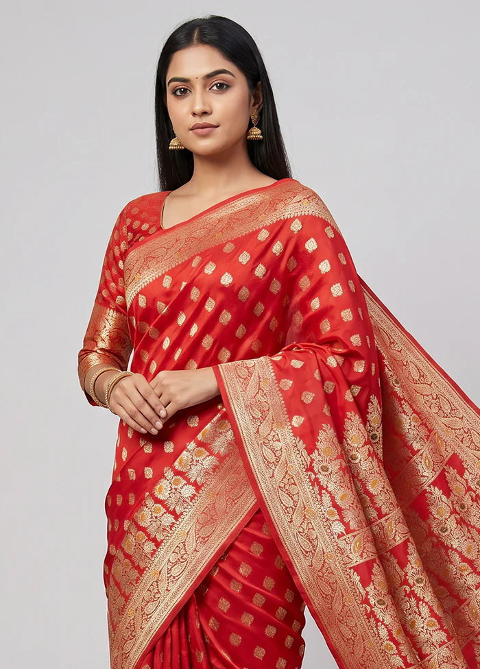 Red Banarasi Silk Saree With Blouse Piece - Image 2