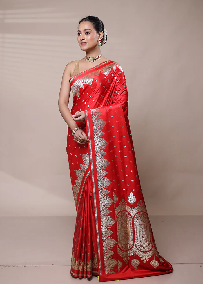 Red Banarasi Silk Saree With Blouse Piece - Image 4