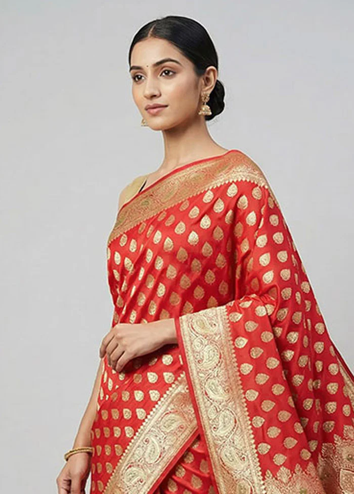 Red Banarasi Silk Saree With Blouse Piece - Image 2