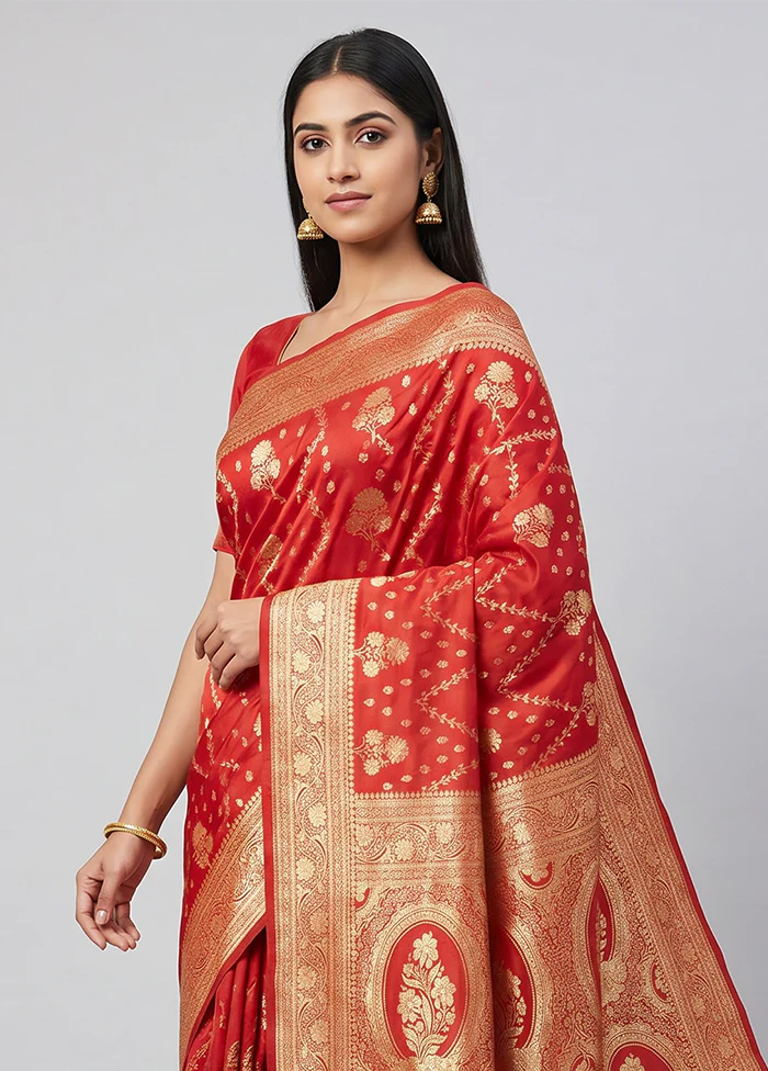 Red Banarasi Silk Saree With Blouse Piece - Image 2