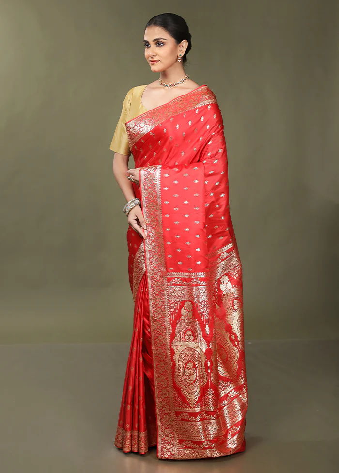 Red Banarasi Silk Saree With Blouse Piece - Image 4
