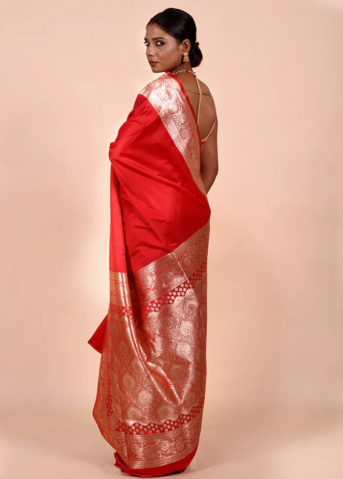Red Banarasi Silk Saree With Blouse Piece - Image 3