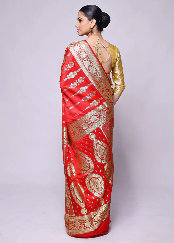 Red Banarasi Silk Saree With Blouse Piece - Image 3