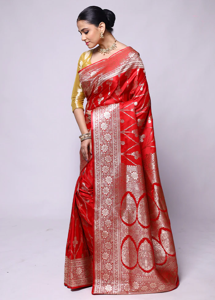 Red Banarasi Silk Saree With Blouse Piece - Image 4