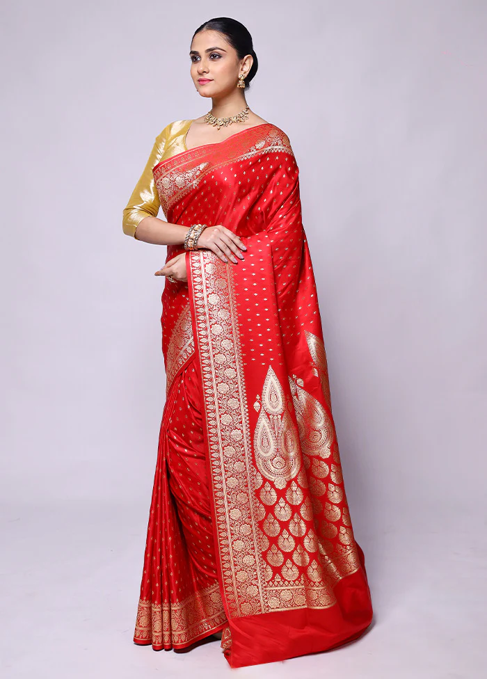 Red Banarasi Silk Saree With Blouse Piece - Image 4