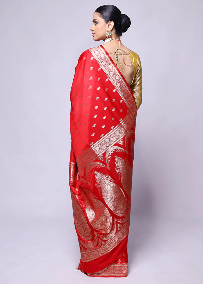 Red Banarasi Silk Saree With Blouse Piece - Image 3