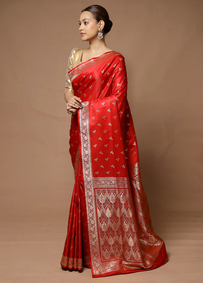 Red Banarasi Silk Saree With Blouse Piece - Image 4