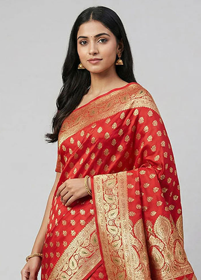 Red Banarasi Silk Saree With Blouse Piece - Image 2