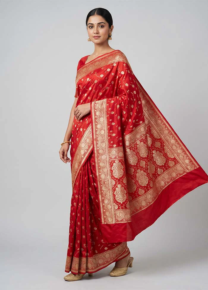Red Banarasi Silk Saree With Blouse Piece