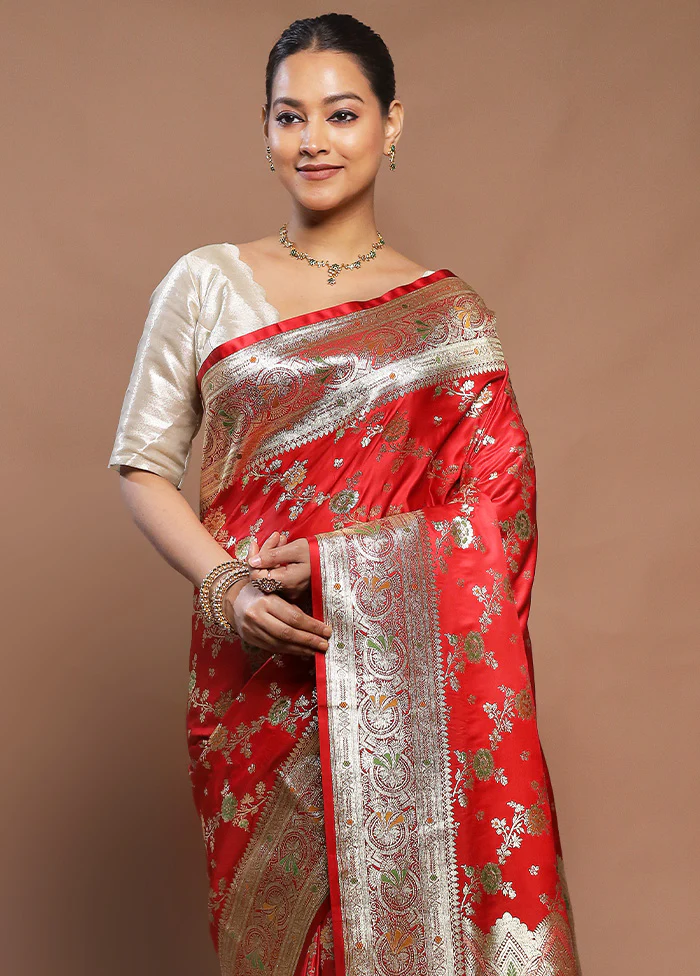 Red Banarasi Silk Saree With Blouse Piece - Image 2