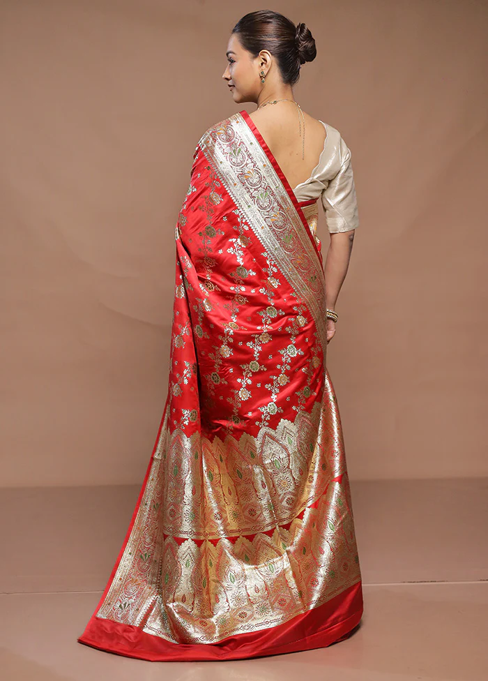 Red Banarasi Silk Saree With Blouse Piece - Image 3