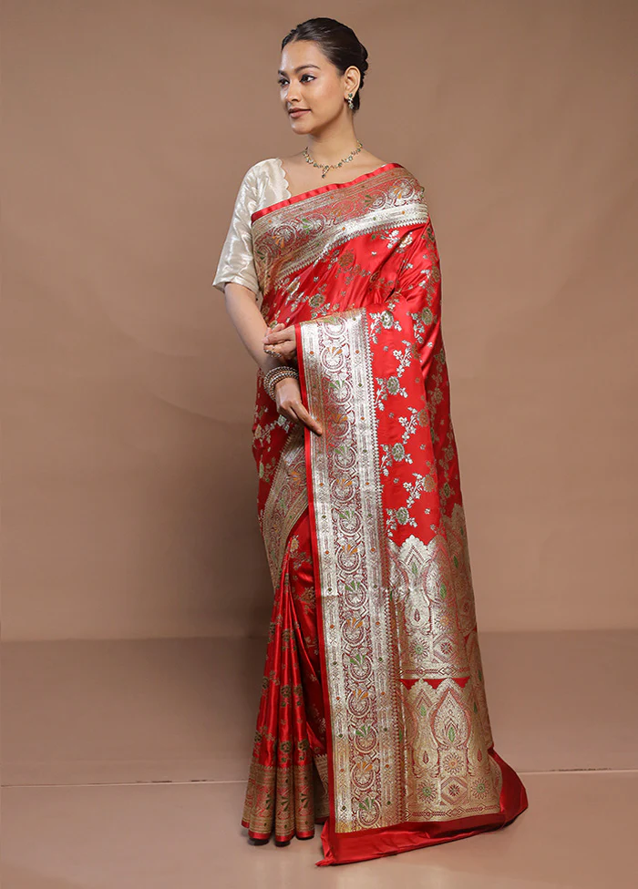 Red Banarasi Silk Saree With Blouse Piece - Image 4