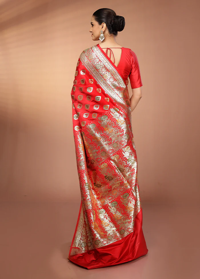 Red Banarasi Silk Saree With Blouse Piece - Image 3
