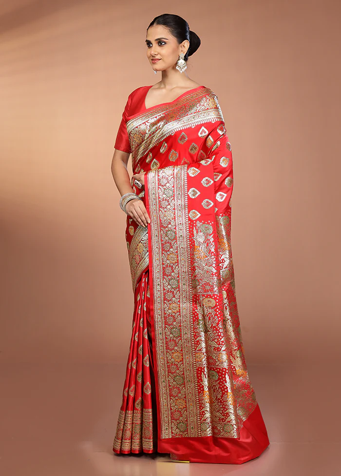 Red Banarasi Silk Saree With Blouse Piece - Image 4