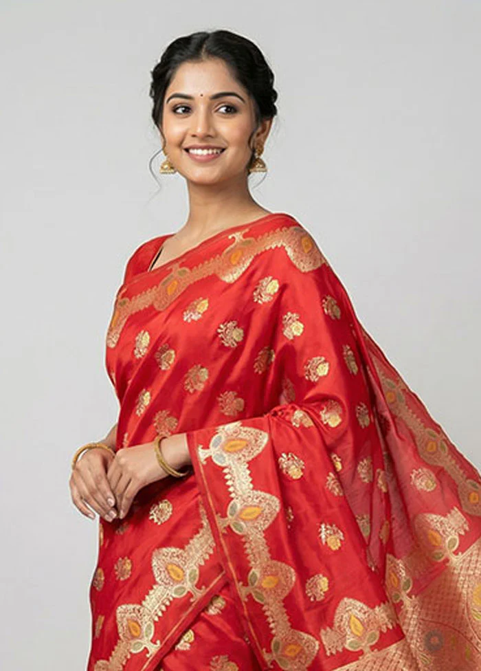 Red Banarasi Silk Saree With Blouse Piece - Image 2