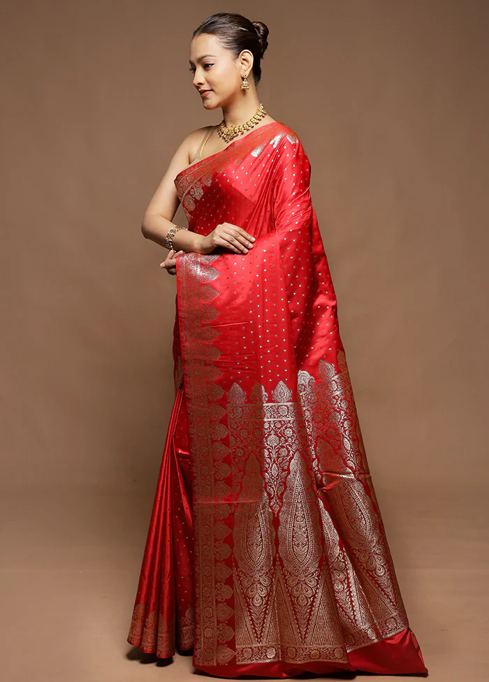 Red Banarasi Silk Saree With Blouse Piece - Image 4