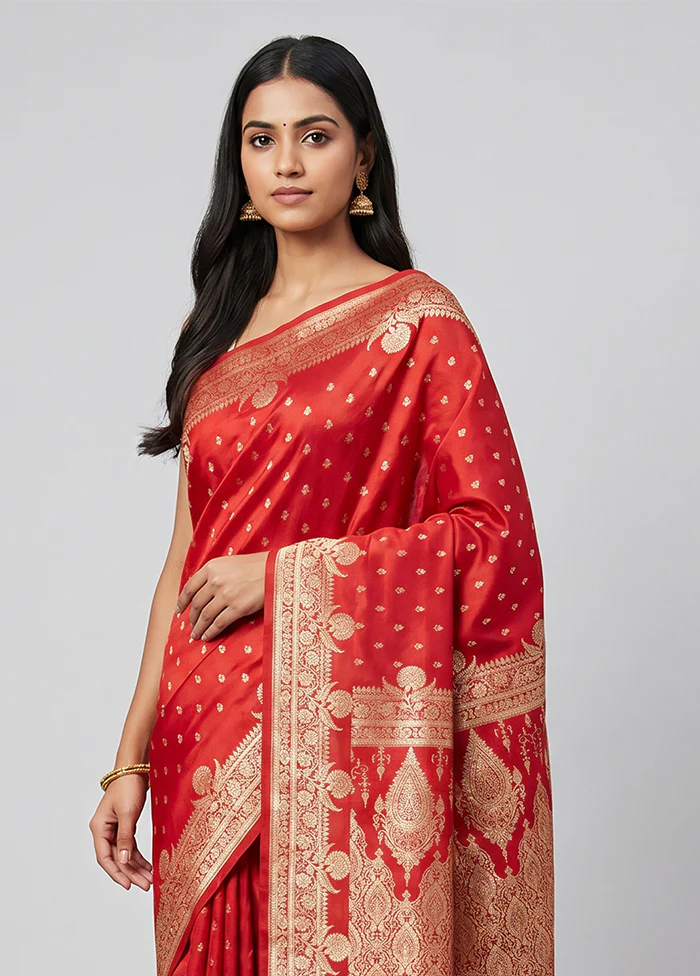 Red Banarasi Silk Saree With Blouse Piece - Image 2