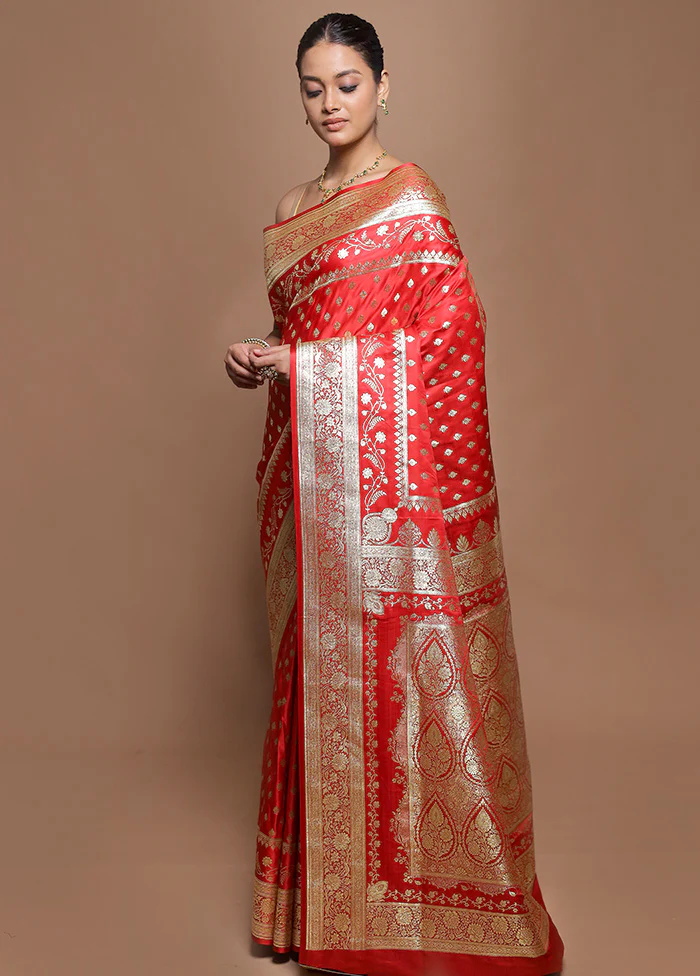 Red Banarasi Silk Saree With Blouse Piece - Image 4