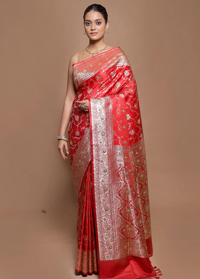 Red Banarasi Silk Saree With Blouse Piece