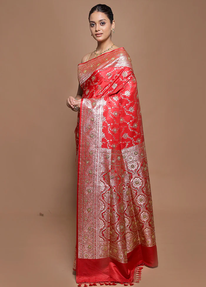 Red Banarasi Silk Saree With Blouse Piece - Image 4