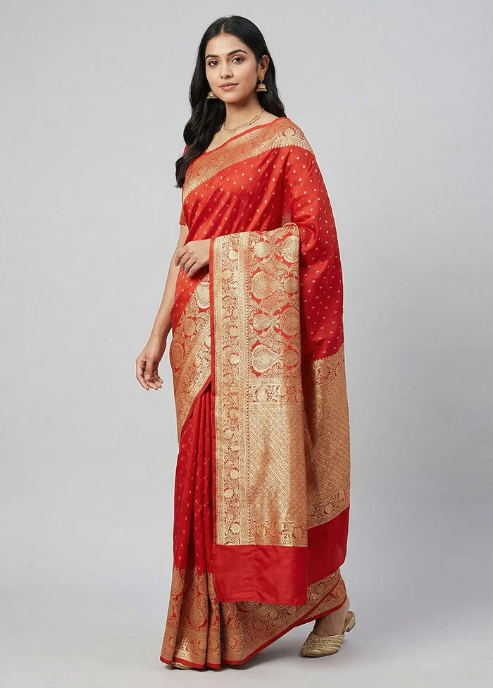 Red Banarasi Silk Saree With Blouse Piece