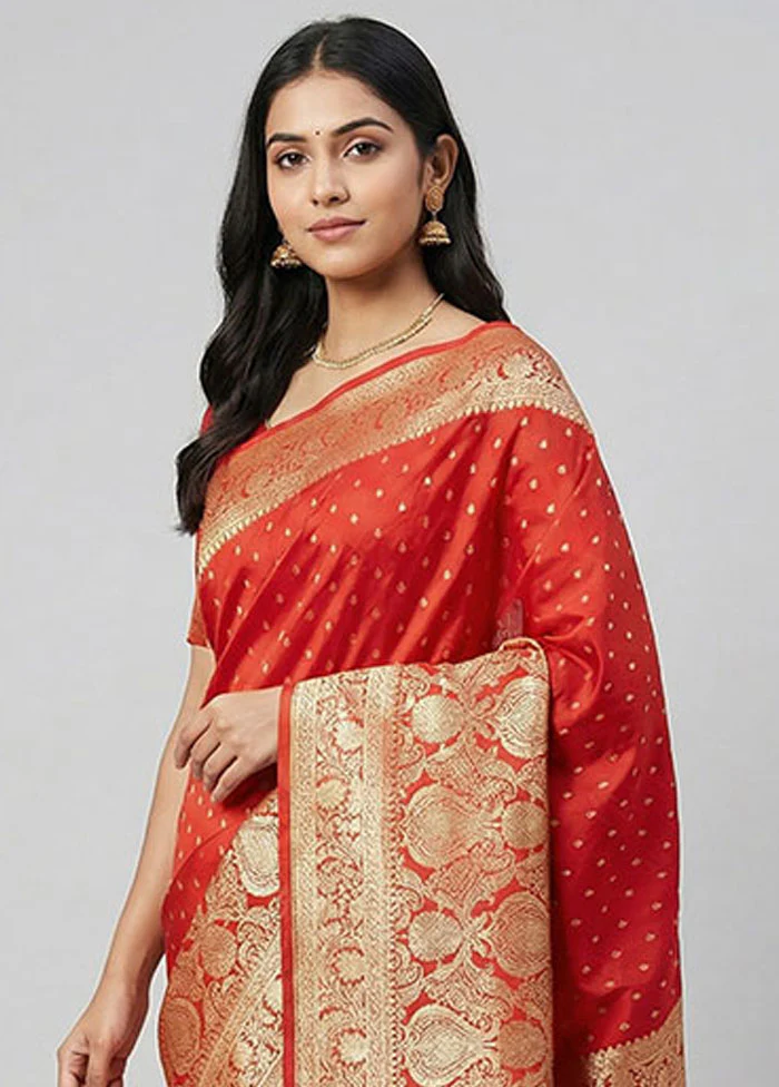Red Banarasi Silk Saree With Blouse Piece - Image 2