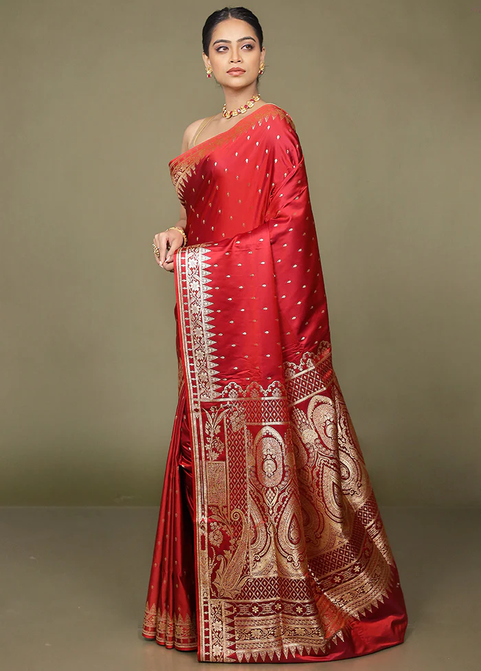 Red Banarasi Silk Saree With Blouse Piece - Image 4