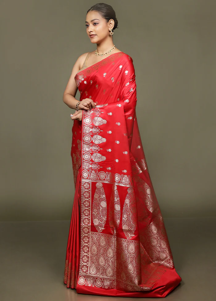 Red Banarasi Silk Saree With Blouse Piece - Image 4