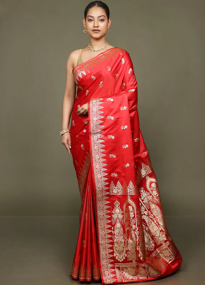 Red Banarasi Silk Saree With Blouse Piece - Image 2