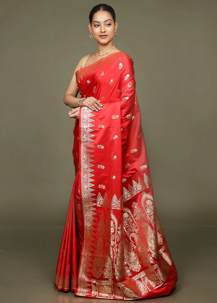 Red Banarasi Silk Saree With Blouse Piece - Image 4