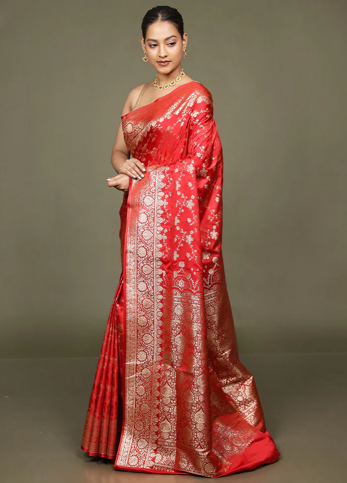 Red Banarasi Silk Saree With Blouse Piece - Image 4